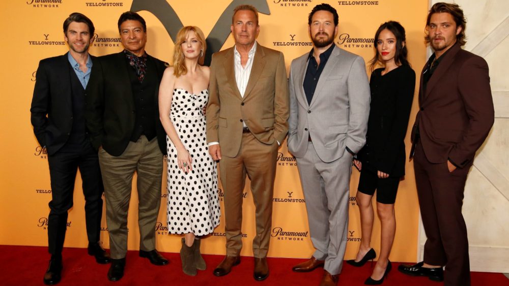 cast-members-bentley-birmingham-reilly-costner-hauser-asbille-and-grimes-pose-at-a-premiere-party-for-season-2-of-the-television-series-yellowstone-in-los-angeles
