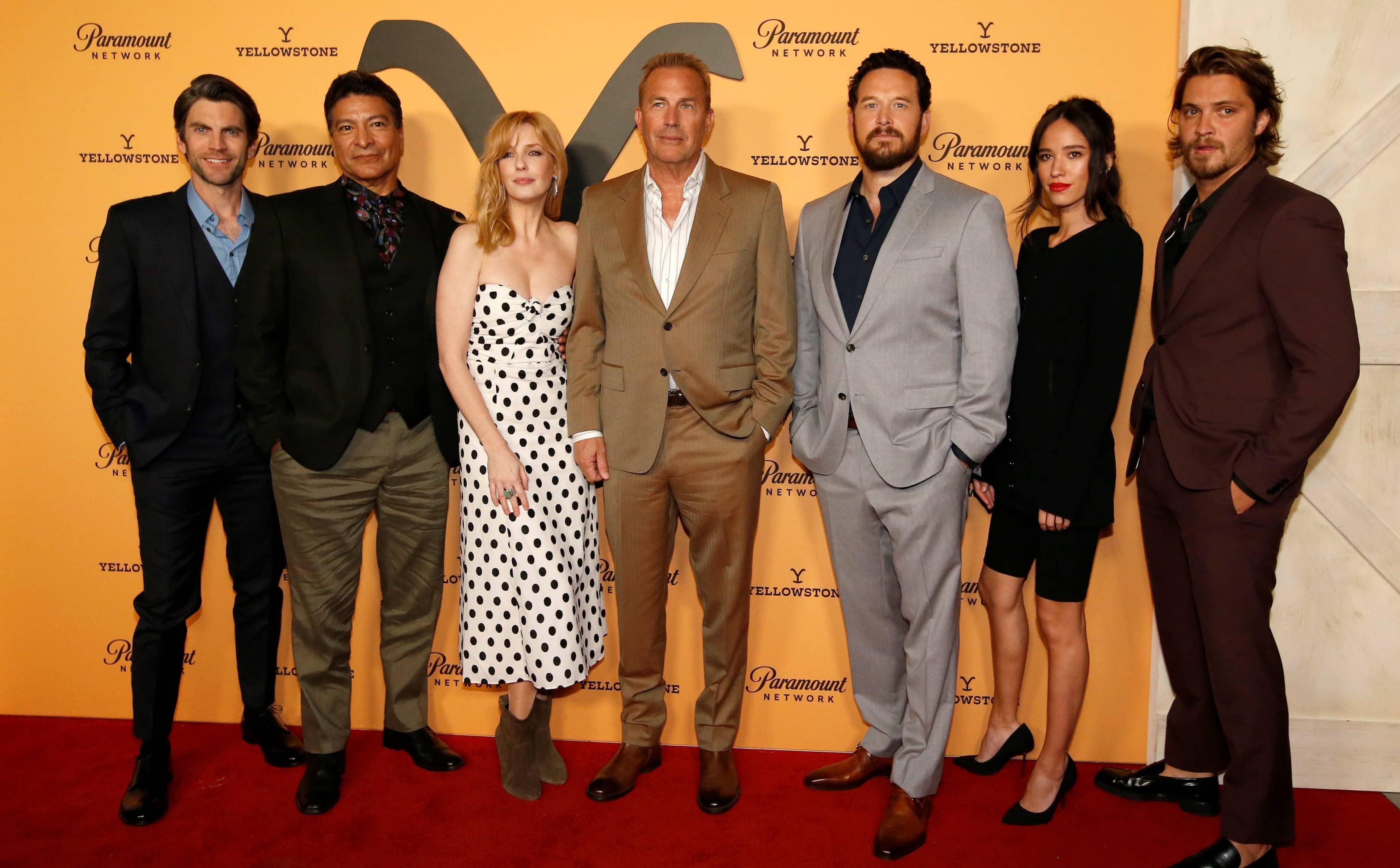 cast-members-bentley-birmingham-reilly-costner-hauser-asbille-and-grimes-pose-at-a-premiere-party-for-season-2-of-the-television-series-yellowstone-in-los-angeles