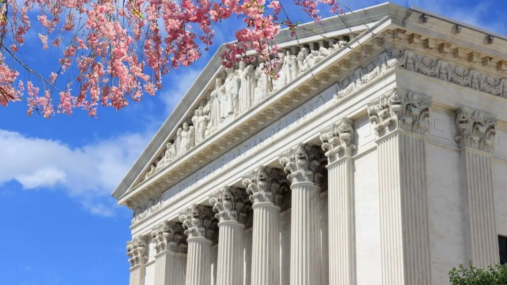 Washington D.C. US Supreme Court building. during spring time; cherry blossoms seen in front of image of Supreme Court