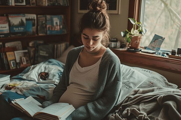 leah-high-school-student-sitting-on-bed-reading-baby-bump-sad
