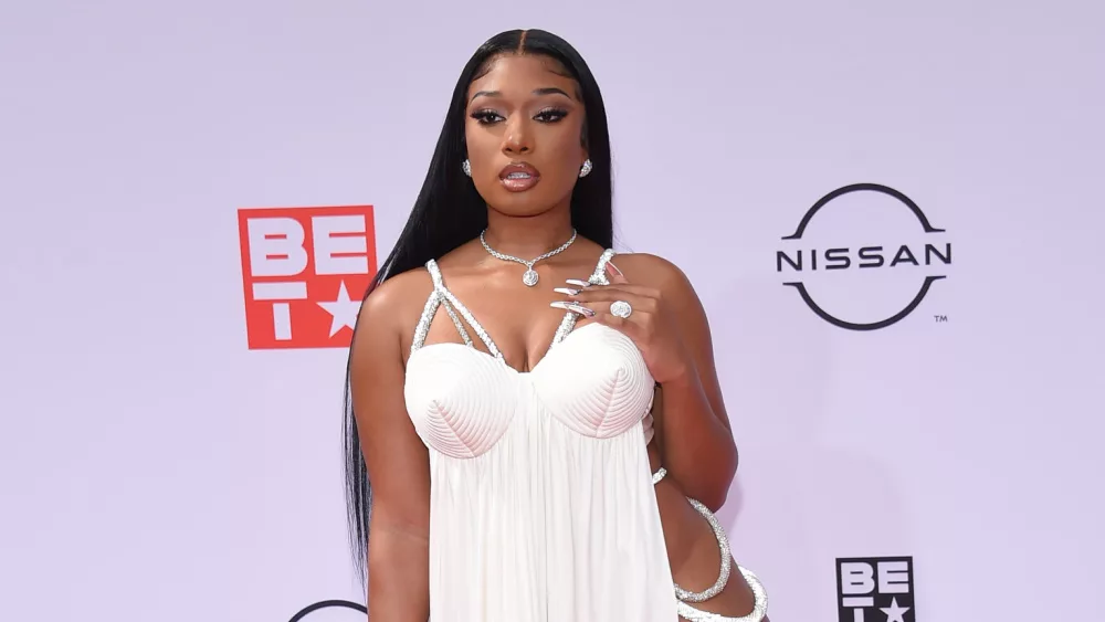Megan Thee Stallion arrives for the 2021 BET Awards on June 27^ 2021 in Los Angeles^ CA