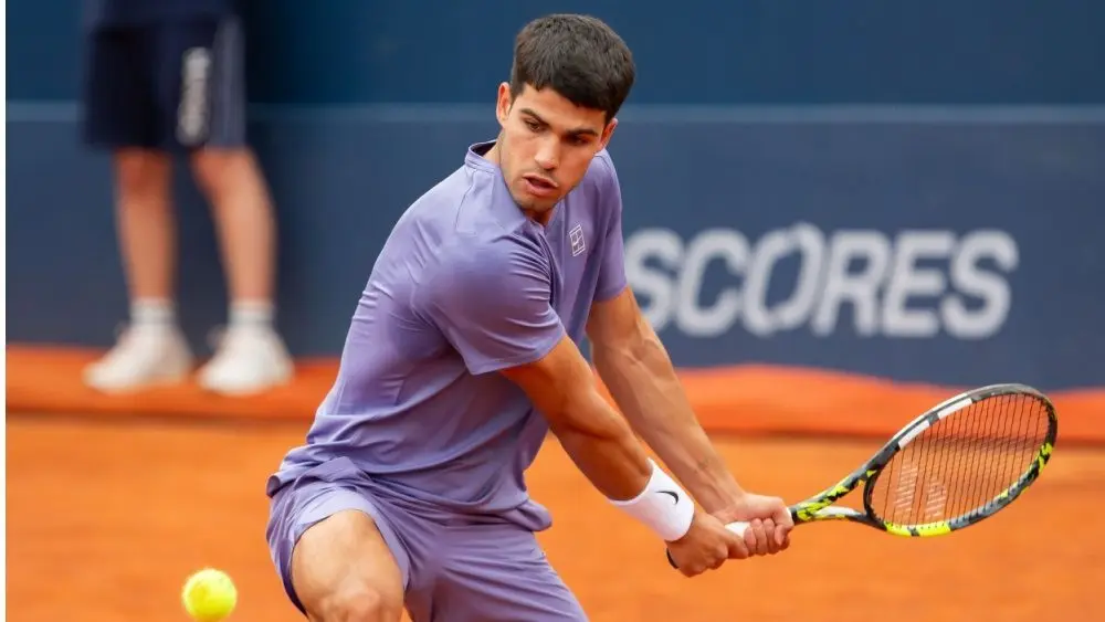 Pro tennis player Carlos Alcaraz on Tennis court at Conde de Godó tournament held in Barcelona. ATP 500. Barcelona^ ​​Spain- April 12^ 2025