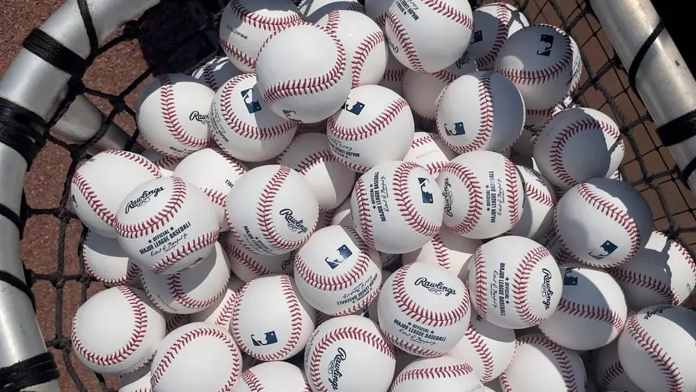 A bag of baseballs before a Major League Baseball game July 04^ 2022 - Atlanta^ GA^ USA