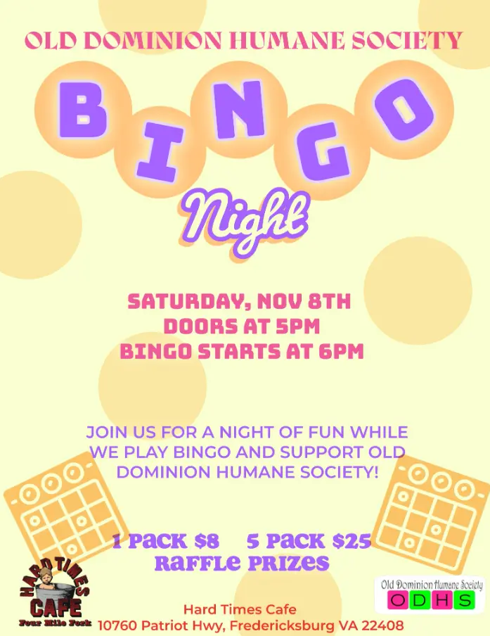 Bingo Night at Hard Times Café Benefits Old Dominion Humane Society Rescues, November 8