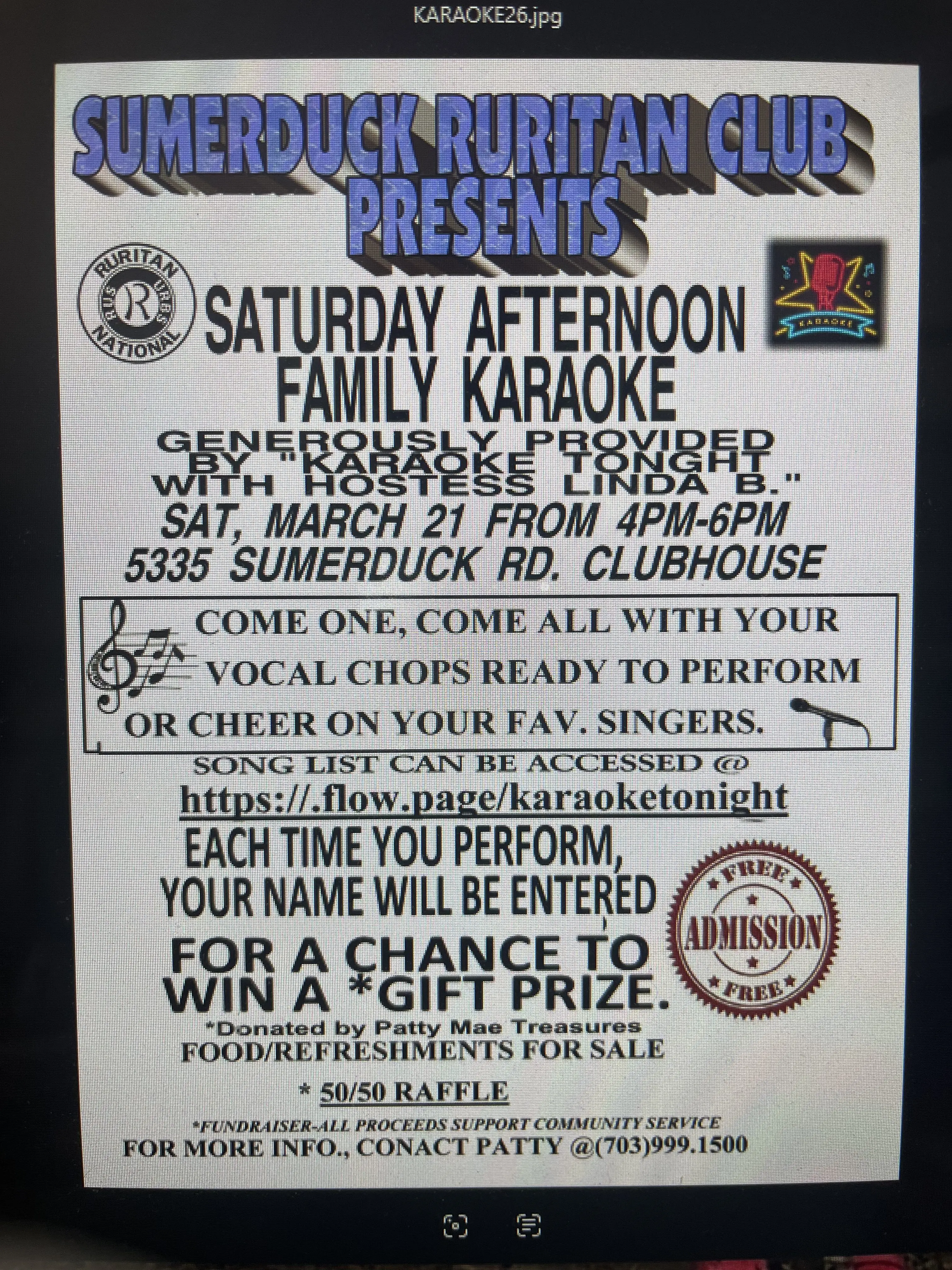 Sumerduck Ruritan Saturday Afternoon Family Karaoke March 21, 2026