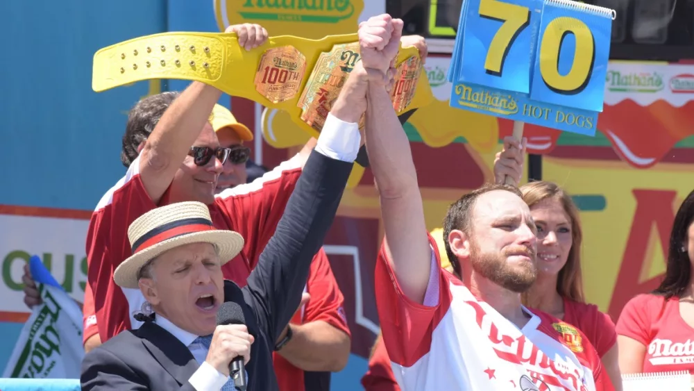 Joey Chestnut at Nathan's Famous Fourth of July Hot Dog Eating Contest ; NEW YORK CITY - JULY 4 2016