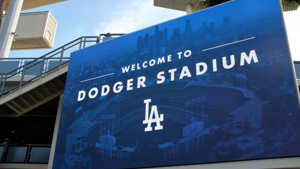 LOS ANGELES^ CALIFORNIA^ 29 JUNE 2021: Closeup of the Welcome sign in the Outfield Plaza of Dodger Stadium.