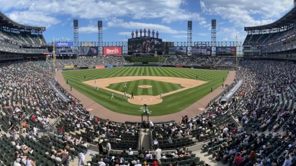 Guaranteed Rate Field panorama^ home of the Chicago White Sox. Guaranteed Rate Field replaced Comiskey Park in 1991. Chicago - May 12^ 2024