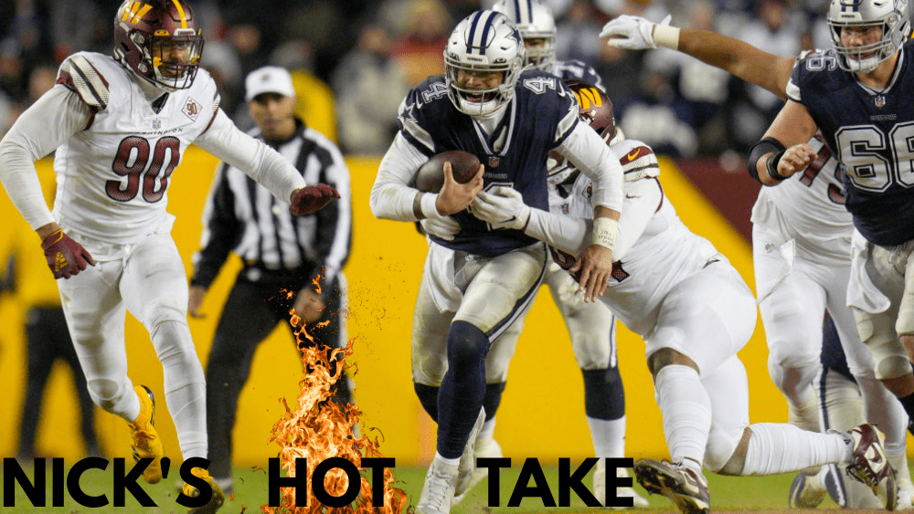 Text reads "Nick's Hot Take" over an image of Dak Prescott Running (licensed by getty images)