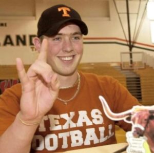 Photo of Chance Mock holding up longhorns hand pose. Photo provided with permission for use