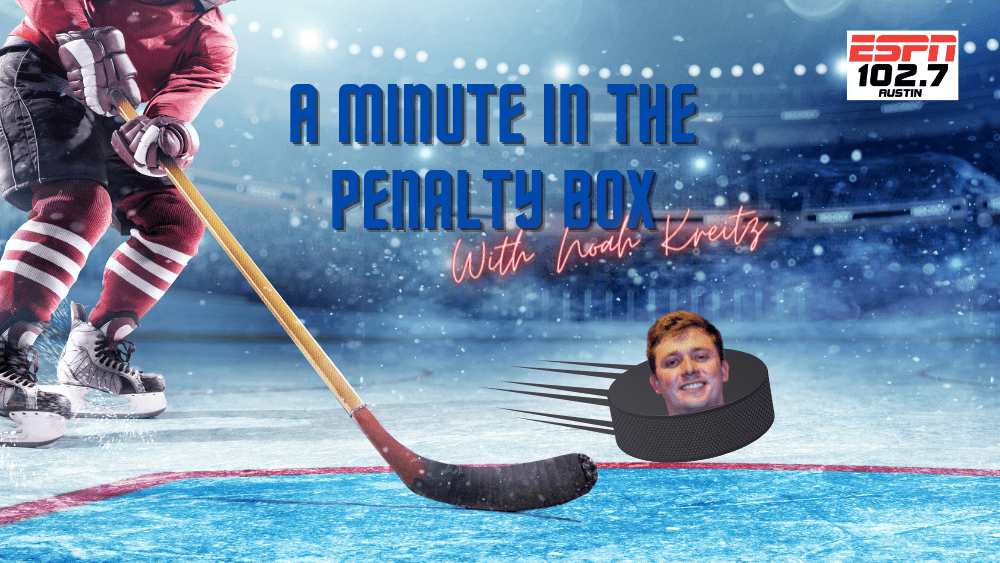 Text reads "A minute in the Penalty Box with Noah Kreitz" header image with a picture of Noah's head on a hockey puck flying through the air over an ice rink