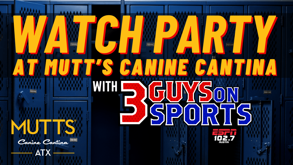 watch party header says "watch party at mutt's canine cantina with 3 guys on sports"