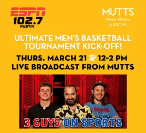 Flyer for 3 guys on sports at mutts watch party