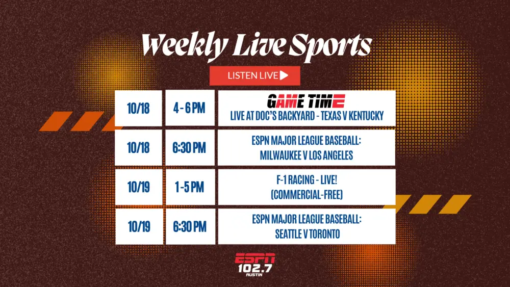 Live sports schedule 102.7 ESPN Austin week 10-14-25
