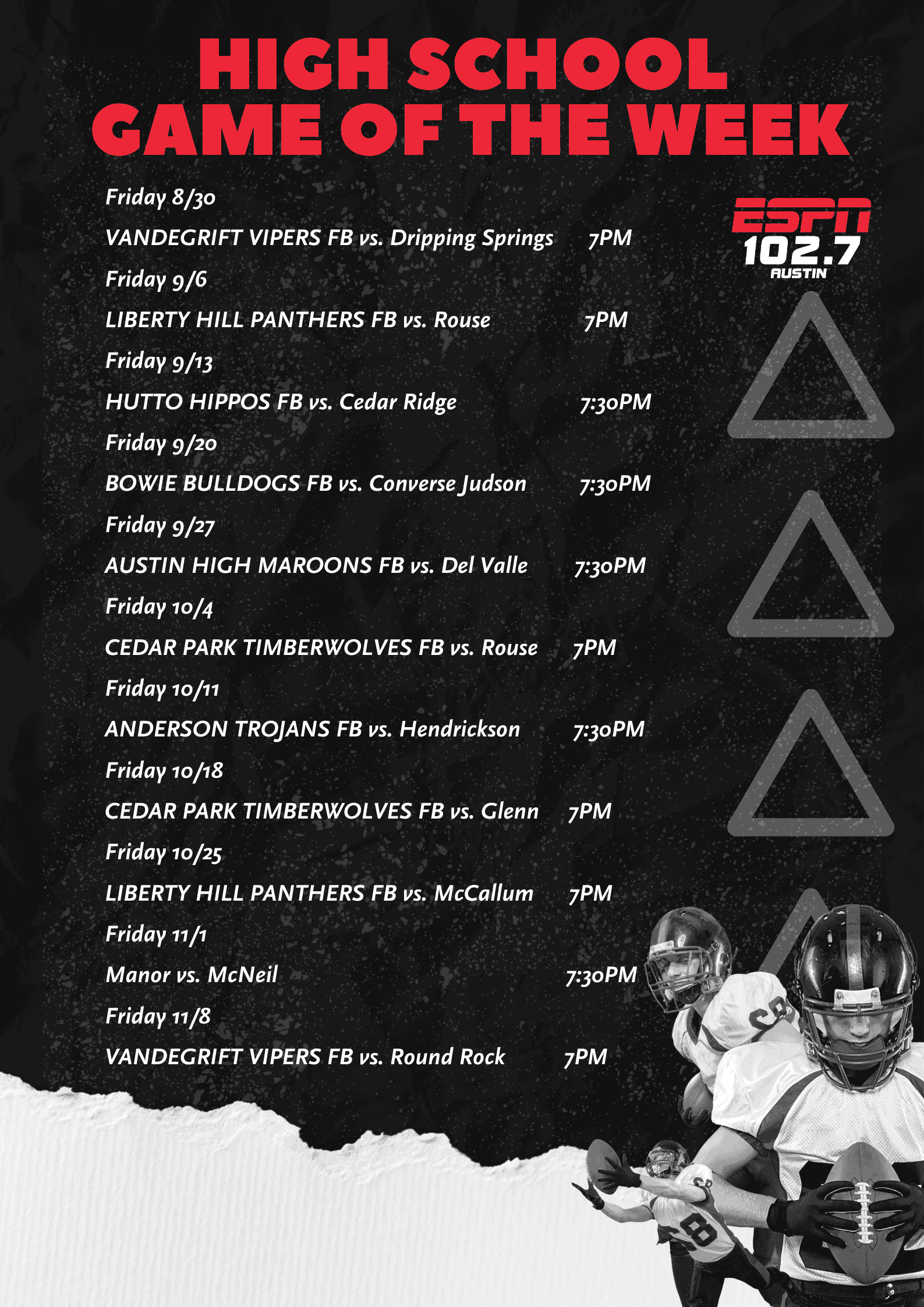 high school sports schedule ESPN Austin 102.7 FM 2024