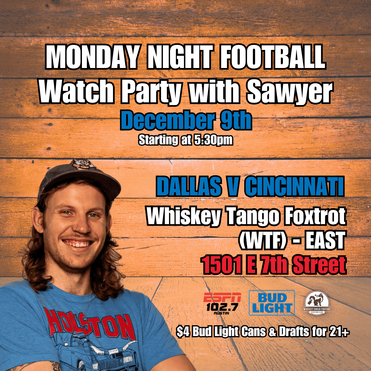 sawyer at WTF east in Austin on 12/9/24 NFL Dallas watch party