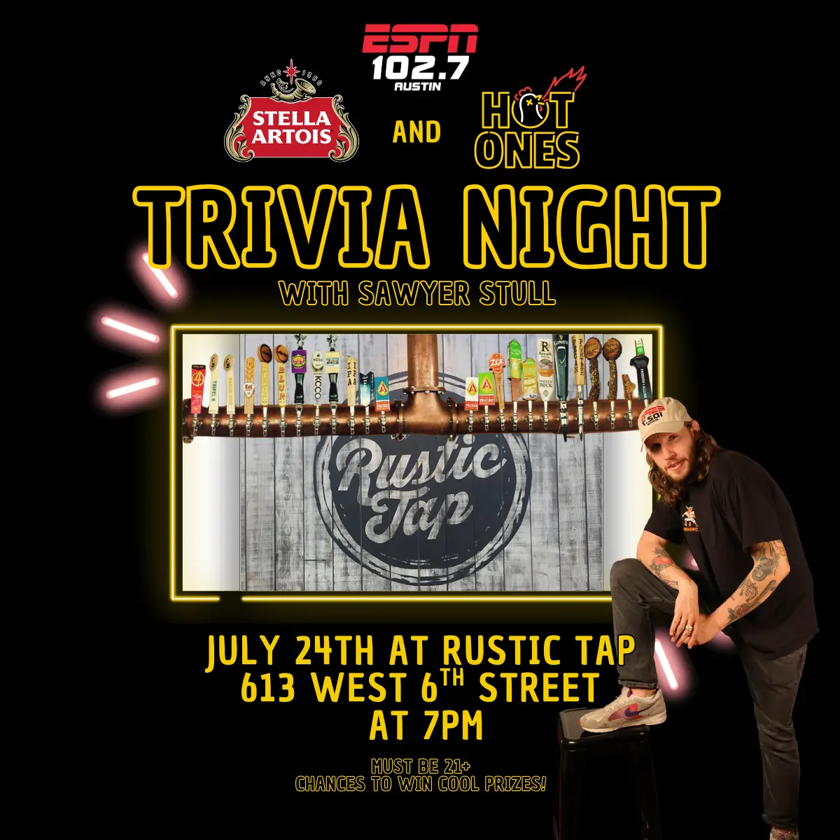 Hot Ones Stella Artios Trivia Challenge with Sawyer at Rustic Tap