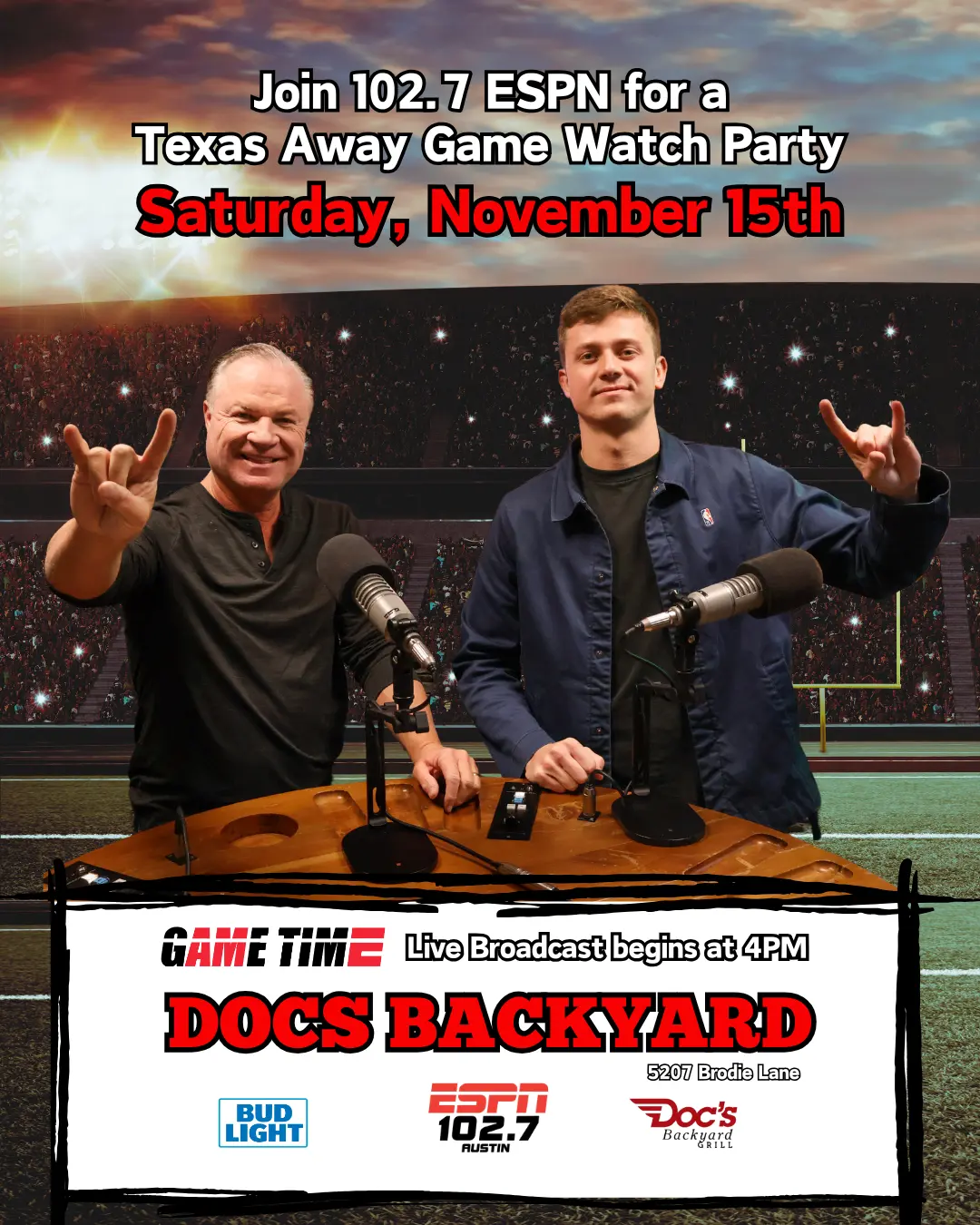 docs backyard 11-15 texas away game watch party with game time espn austin 102.7FM