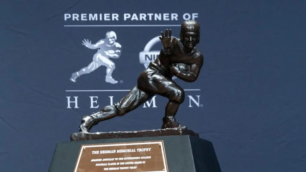 New York^ NY - December 14^ 2019: Heisman Memorial Trophy trophy on display at the Marriott Marquis Hotel