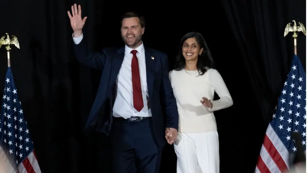 JD Vance arrives with his wife Usha Vance at the Vice Presidential Nominee’s election rally at the Cobb Galleria Center in Atlanta^ Georgia. Atlanta^ Georgia^ USA - 4th Nov^ 2024