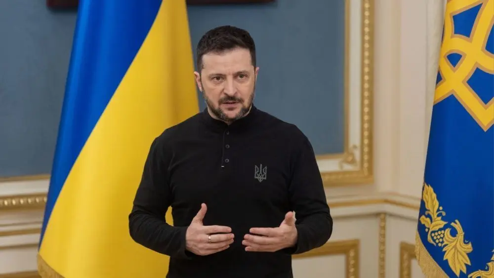 Ukrainian President Volodymyr Zelenskyy speaks during a briefing. Kyiv^ Ukraine^ March 25 2025