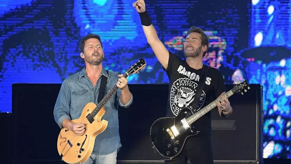 Guitarists Chad Kroeger and Ryan Peake of Canadian rock band Nickelback during a concert at Rock in Rio 2019 in Rio de Janeiro.