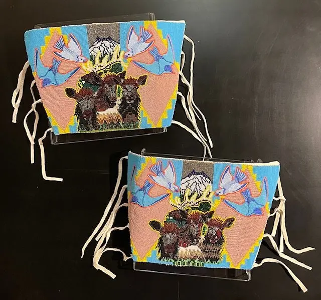 “Elk Season” beaded leggings by Marjorie Kalama-Gabriel (2024 Judge’s Choice^ Contemporary Category). From the “31st Annual Warm Springs Tribal Member and Youth Exhibit.” Photo Credit: Angela Anne Smith.