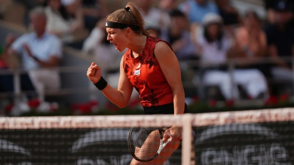 Professional tennis player Karolina Muchova of Czech Republic in action during women singles semi-final match against Aryna Sabalenka of Belarus at 2023 Roland Garros PARIS^ FRANCE - JUNE 8^ 2023