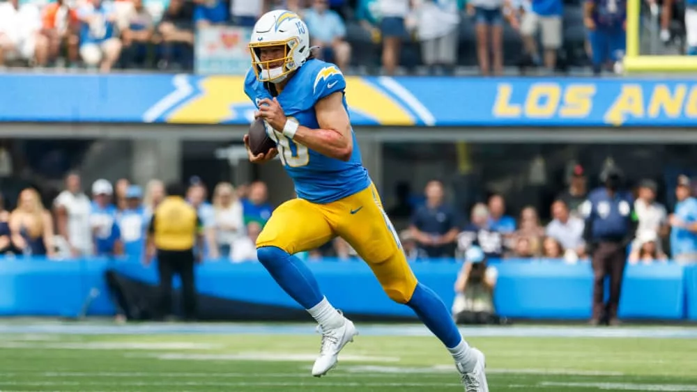 Los Angeles Chargers quarterback Justin Herbert in game vs. the Miami Dolphins^ Sept. 10^ 2023^ in Inglewood^ Calif.