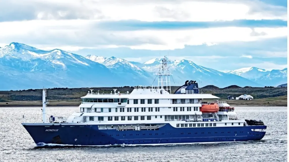 MV Hondius^ a purpose-built^ environmentally-friendly expedition cruise ship^ departs from the port of Ushuaia. Ushuaia^ Argentina - January 4 2025