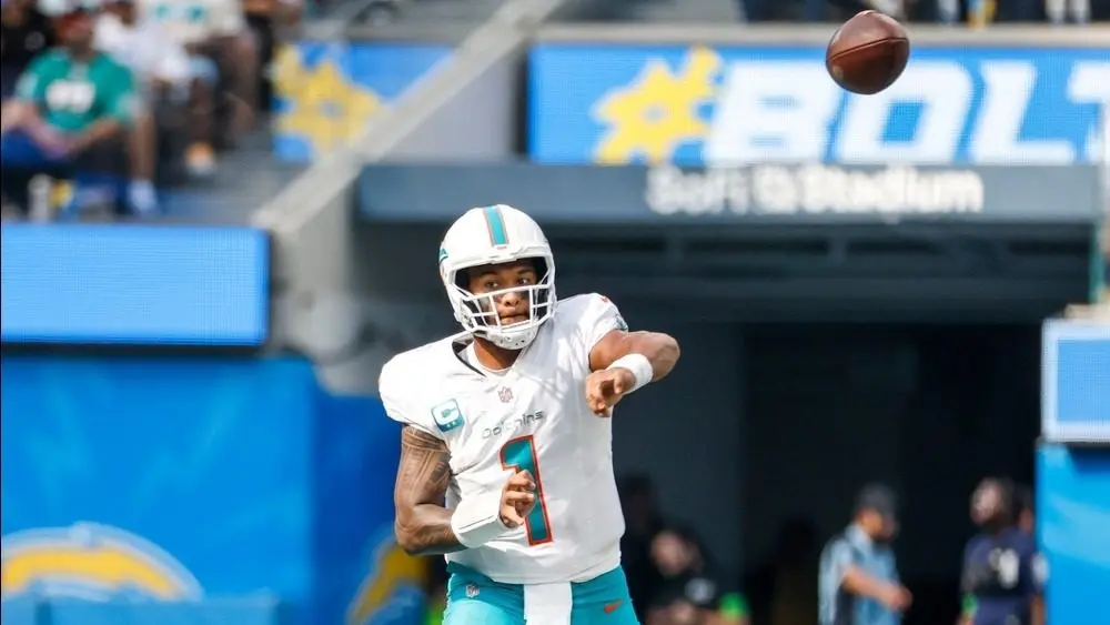 Miami Dolphins quarterback Tua Tagovailoa (1) in actions during an NFL football game against the Los Angeles Chargers^ Sept. 10^ 2023^ in Inglewood^ Calif.