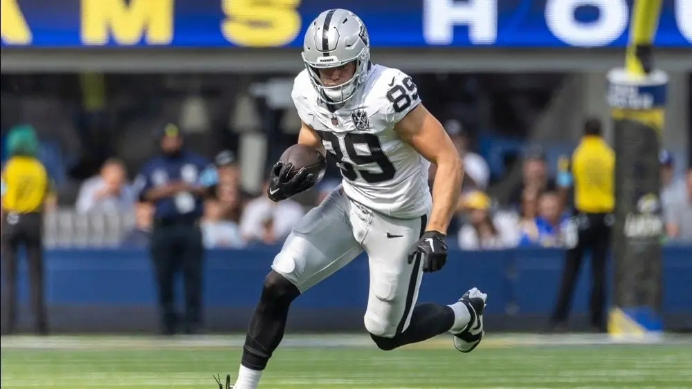 Las Vegas Raiders tie end Brock Bowers #89 runs the ball against the Los Angeles Rams in an NFL football game at SoFi Stadium^ Oct. 20^ 2024^ in Inglewood^ Calif.