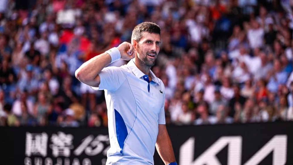 Novak Djokovic of Serbia during the fourth-round match at the Australian Open 2024 Grand Slam tennis tournament on January 23^ 2024 at Melbourne Park in Melbourne^ Australia.