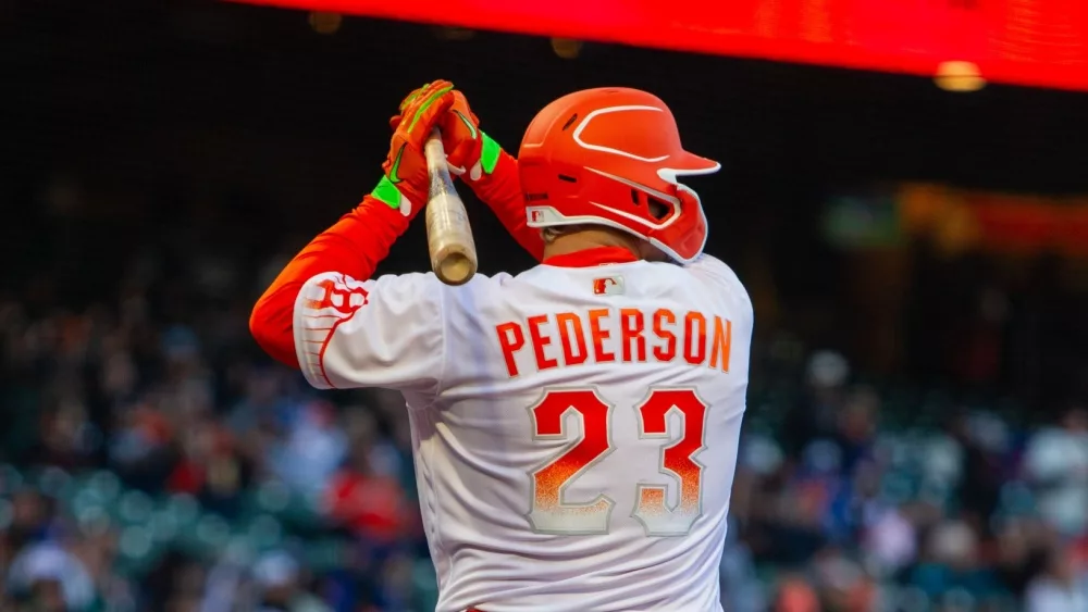 San Francisco Giants designated hitter Joc Pederson bats against the Los Angeles Dodgers at Oracle Park. April 11^ 2023 - San Francisco