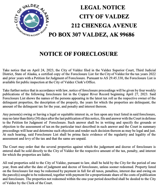 Notice of Foreclosure 2023