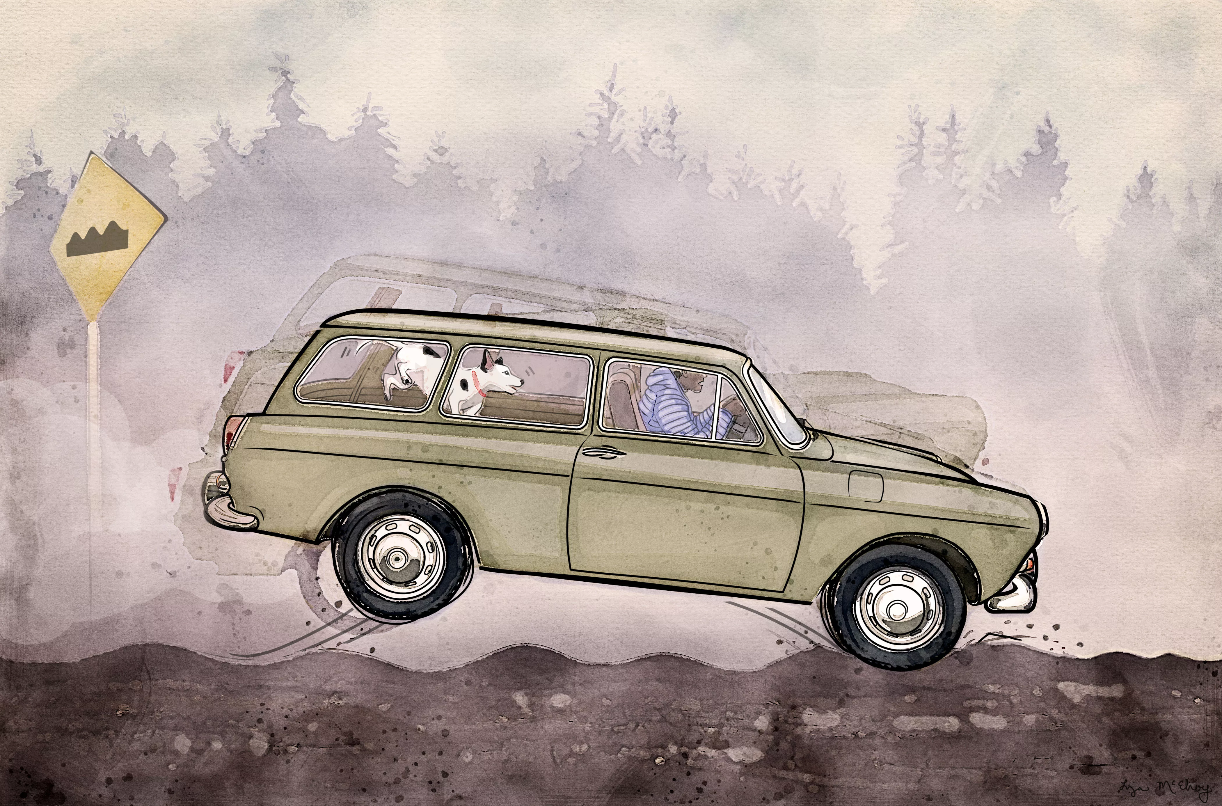 Washboard roads form on dry, unpaved road surfaces, of which there are many in Alaska. Illustration by Liza McElroy.