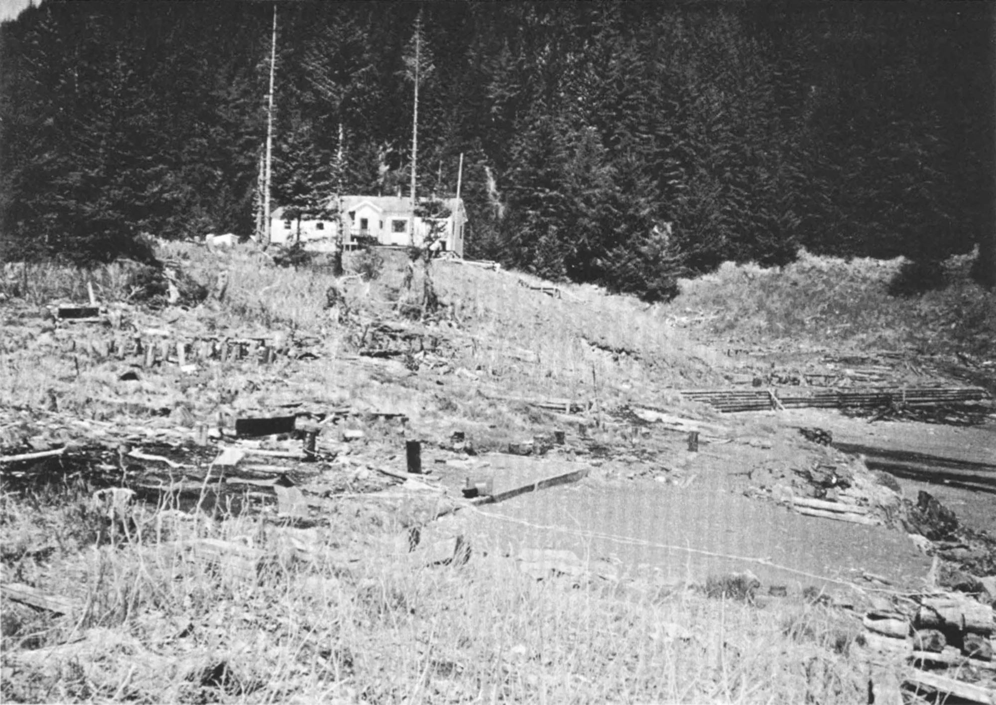 George Plafker took this photo of Chenega Bay, Alaska, in 1964 following the great earthquake. A schoolhouse survived the earthquake and tsunami that followed. The tsunami destroyed houses lower than the schoolhouse. George Plafker photo.