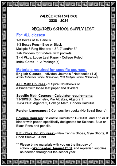VHS School Supply List