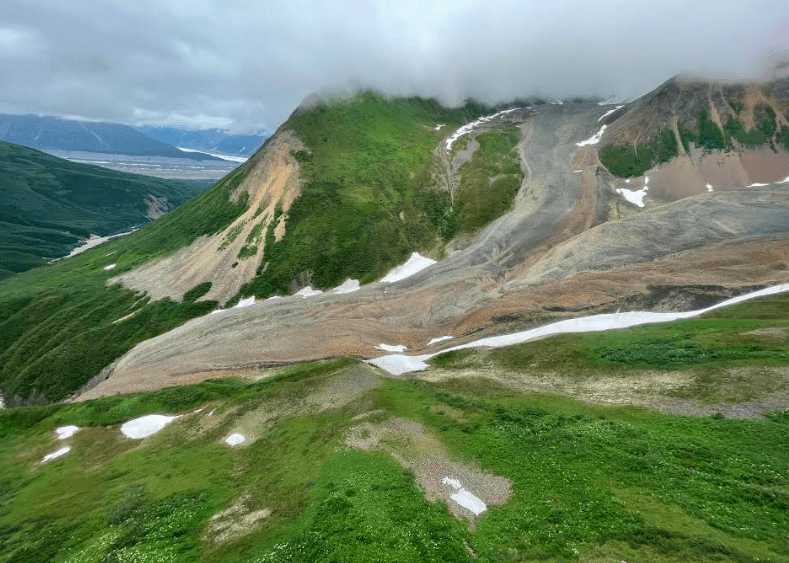 Fireweed rock glacier flows within the Fireweed Mountain massif near McCarthy. Photo by Ned Rozell in 2023.