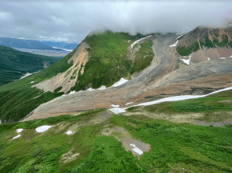 Fireweed rock glacier flows within the Fireweed Mountain massif near McCarthy. Photo by Ned Rozell in 2023.