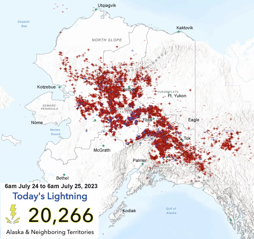 More than 20,000 lightning strikes hit the surface of Alaska from 6 a.m. July 24 2023 to 6 a.m. July 25, 2023. Graphic from the Alaska Interagency Coordination Center.