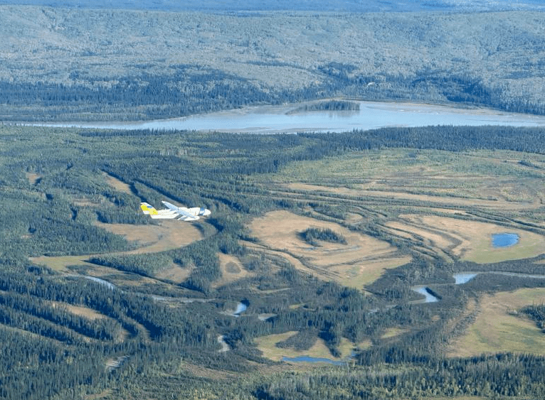 The SeaHunter drone of the Alaska Center for Unmanned Aircraft Systems Integration flies from Fairbanks International Airport to Nenana on Sept. 7, 2023. A day later it flew from Nenana to Fairbanks International Airport, a first. Photo by Peter Houlihan.