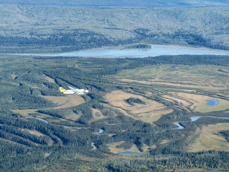 The SeaHunter drone of the Alaska Center for Unmanned Aircraft Systems Integration flies from Fairbanks International Airport to Nenana on Sept. 7, 2023. A day later it flew from Nenana to Fairbanks International Airport, a first. Photo by Peter Houlihan.