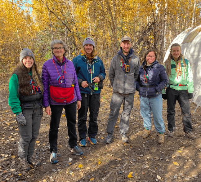 Among those banding birds at the Creamer’s Field Migration Station this fall were, from left, intern Alex Pearce, volunteer bander Laurel Devaney, educator and outreach coordinator Georgia Houde, program director Robert Snowden, intern Sarah Kennedy, and seasonal bander Larissa Babicz. Photo courtesy of Alaska Songbird Institute.