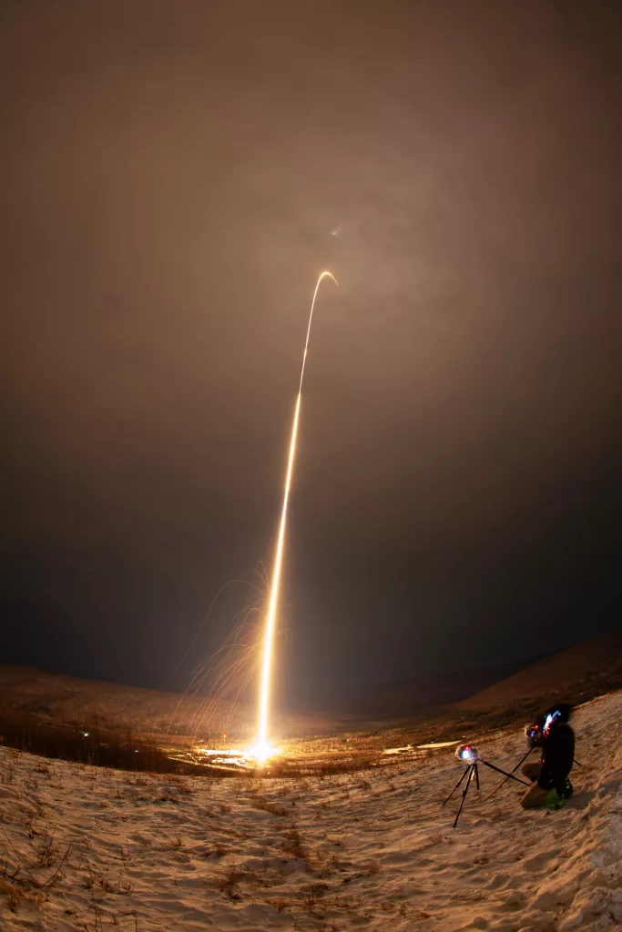 A four-stage NASA sounding rocket launches from Poker Flat Research Range on Nov. 9, 2023. The rocket was carrying instruments for the Beam-Plasma Interactions Experiment. NASA Photo by Lee Wingfield.