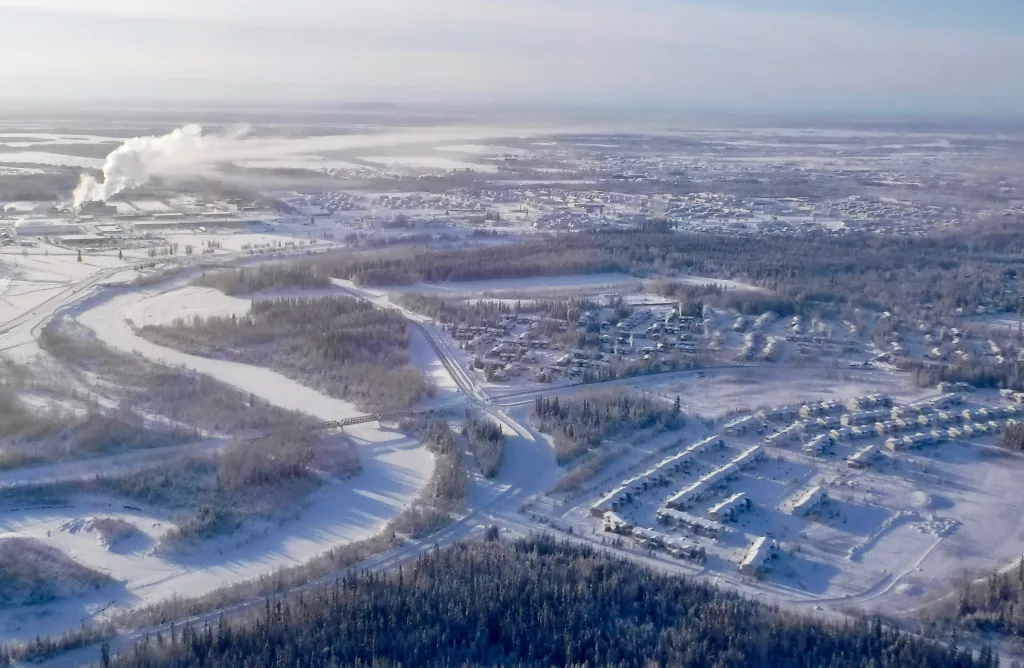 Sun strikes Fairbanks for a few hours on a midwinter day. By Ned Rozell