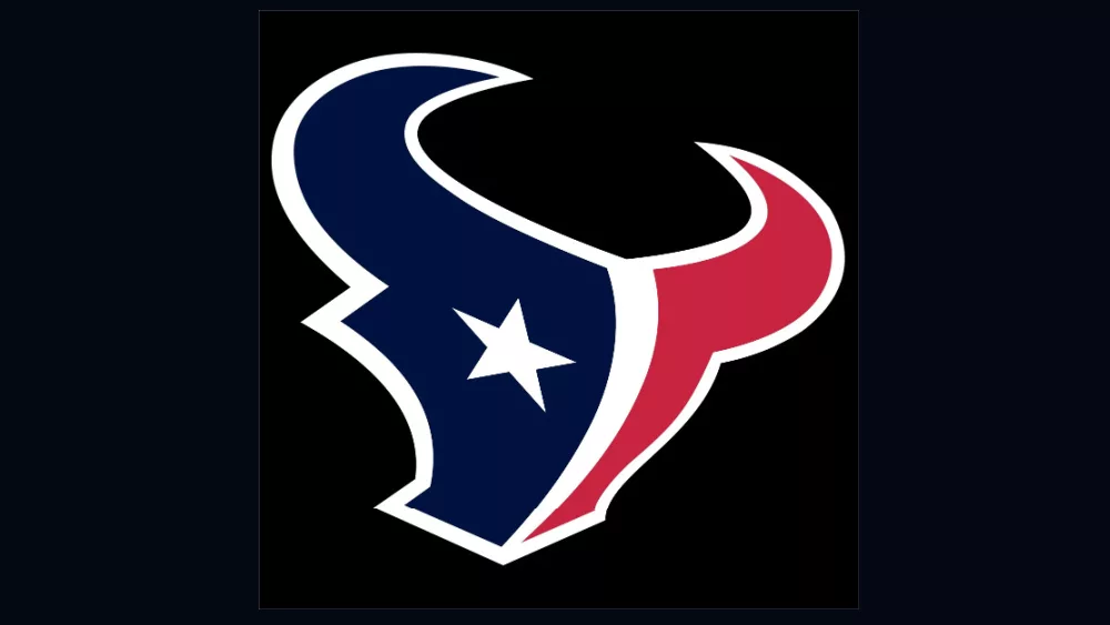 Houston Texans logo; a bull's head using blue and red plus star-shaped eyes then a white outline wrapped in a black background