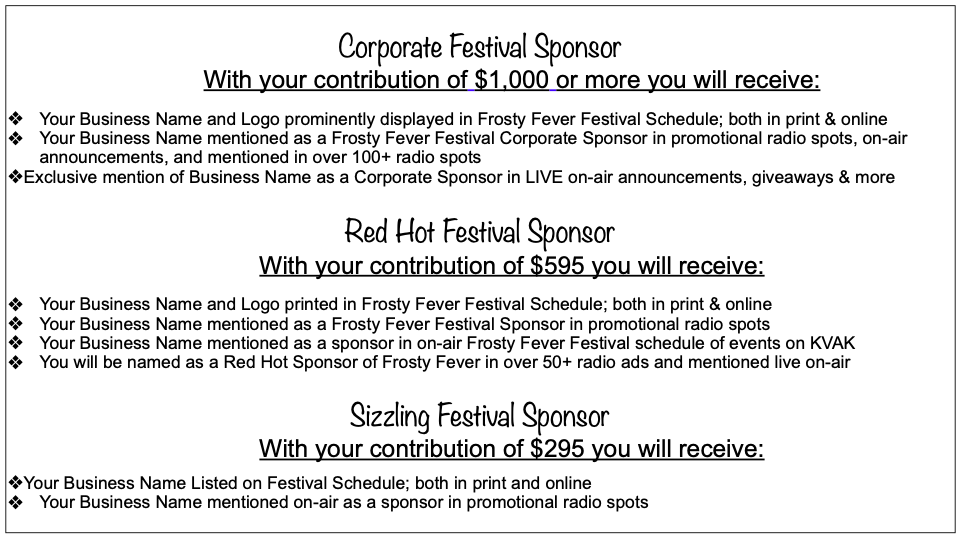 Frosty Fever Sponsor Options 2024