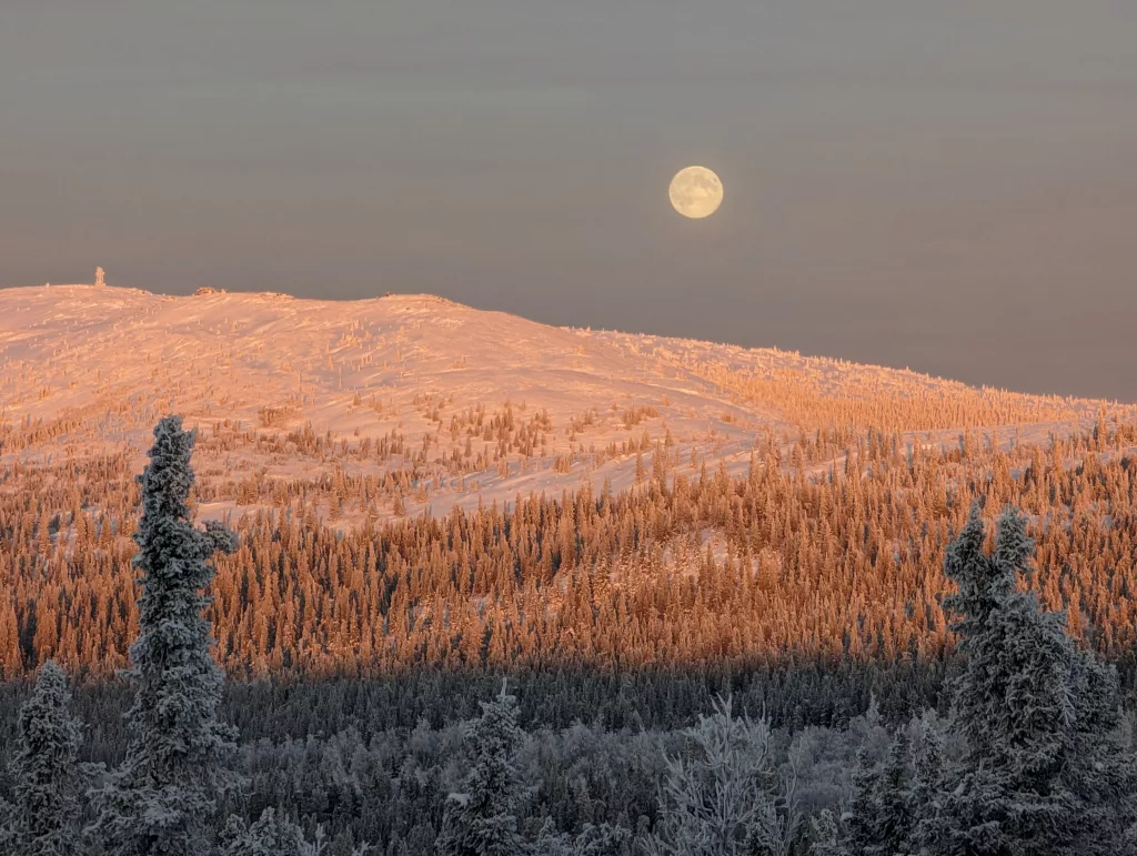 John Eichelberger of Fairbanks took this photo of the full moon on Dec. 26, 2023, north of Fairbanks. At the time he took this photo — solar noon in Fairbanks or about 1 p.m. local time — the full moon appeared due north of him. Photo by John Eichelberger.