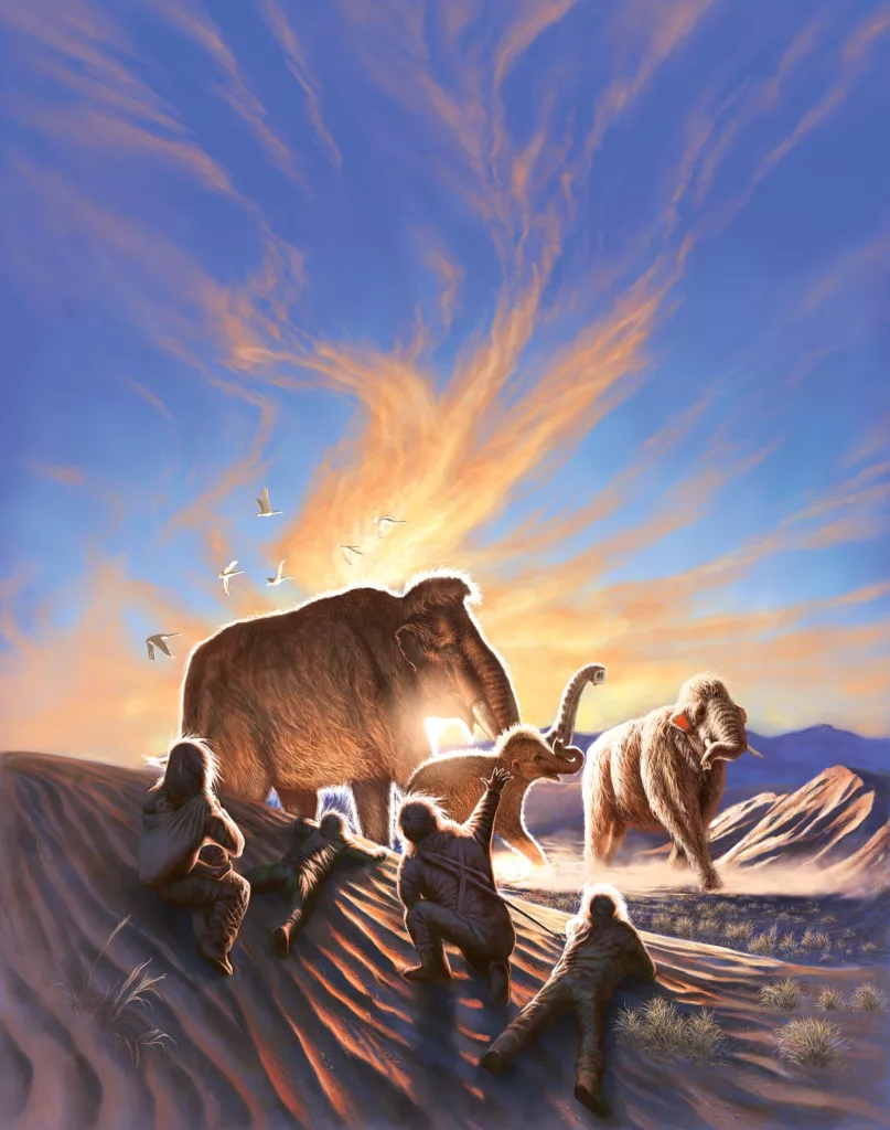 In this work of art produced by Julius Csotonyi, a group of ancient people watch mammoths roam over sand dunes in Interior Alaska, north of Swan Point archeological site. Artwork by Julius Csotonyi.